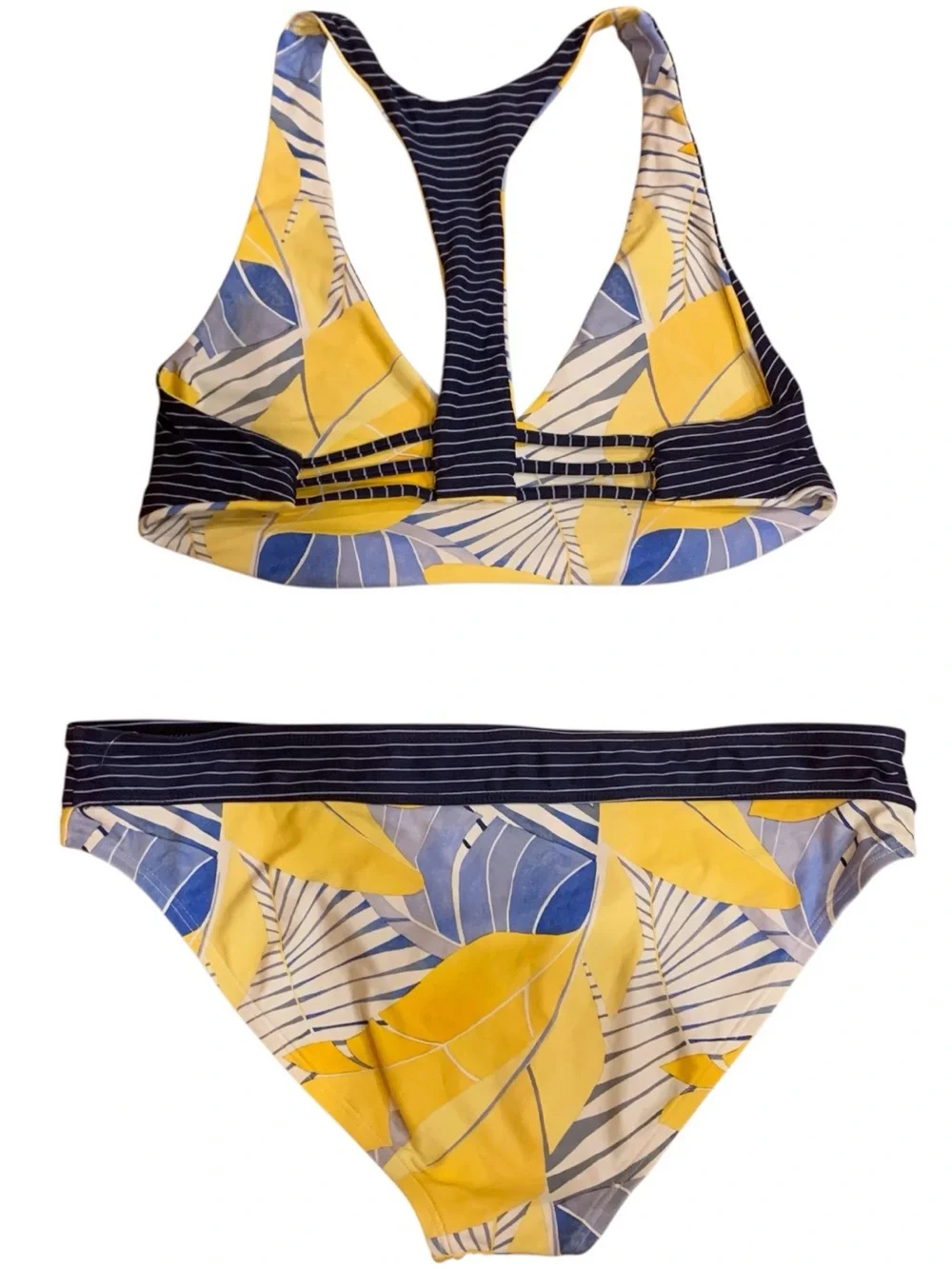Carve Designs Reversible Yellow & Navy Tropical Leaf Stripes Bikini Set Large - Picture 1 of 7
